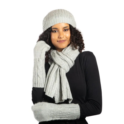 Gray cable knit hat by Suzie Blue Canada, featuring cozy, textured wool blend and stylish design for warmth and fashion.