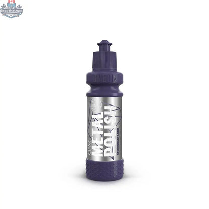GYEON Metal Polish 120ml bottle for exterior car finishes, showcasing a sleek, glossy metal surface with polishing tools.