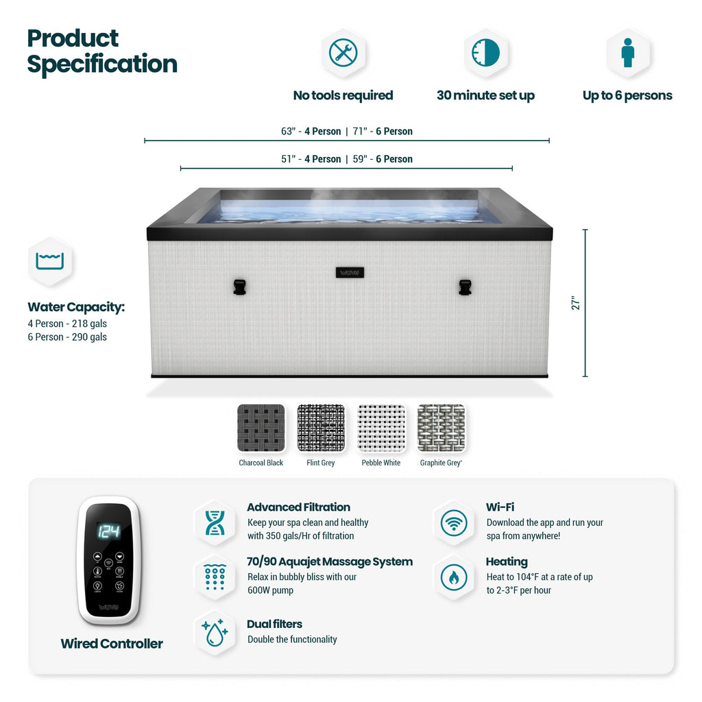 Wave | Garda | 4/6-Person Eco Foam Hot Tub | Square | Built-In Integrated Heater - Www.Shopthatapp.ca