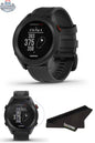 Black Garmin Approach S12 golf watch with GPS display, band, and accessories for precise golf course distance measurement.