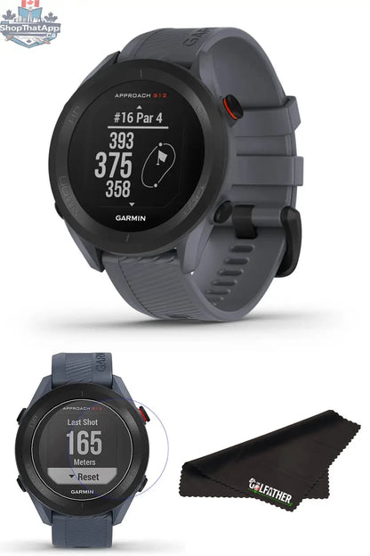 Garmin Approach S12 golf GPS watch in granite blue with black band, displaying a digital golf course map on the screen.