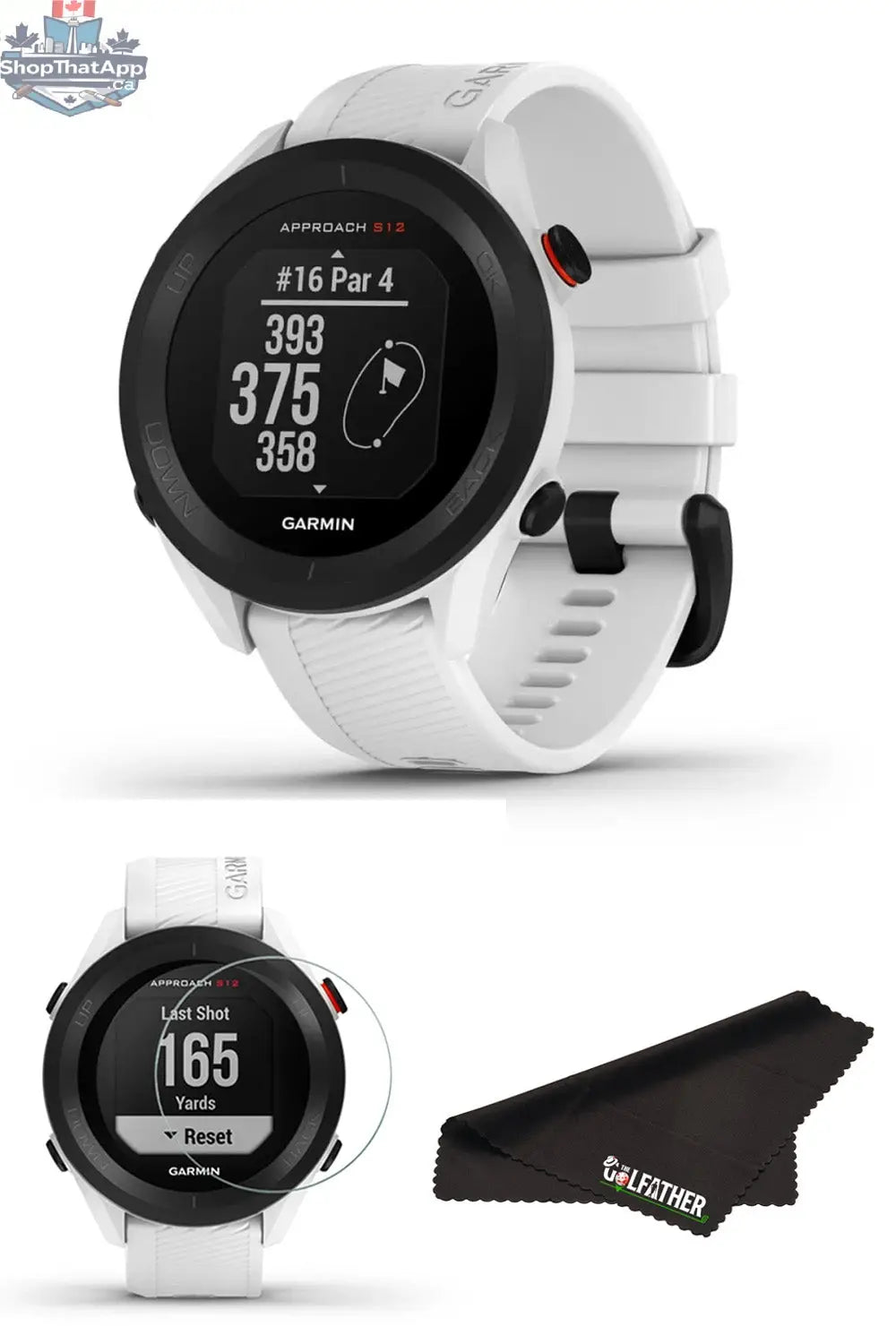Garmin Approach S12 golf GPS watch in white with accessories, designed for accurate yardage and improving golf game performance.