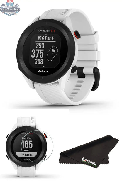 Garmin Approach S12 golf GPS watch in white with accessories, designed for accurate yardage and improving golf game performance.
