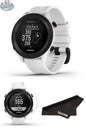 Garmin Approach S12 golf GPS watch in white with accessories, designed for accurate yardage and improving golf game performance.