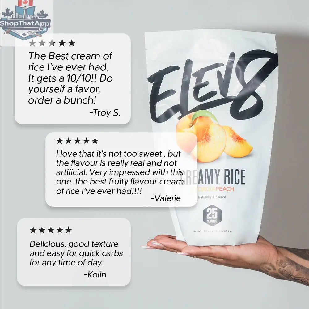 Cream of Rice with Georgia Peach fragrance by Elev8, showcasing the creamy texture and fresh peach aroma in a natural setting.