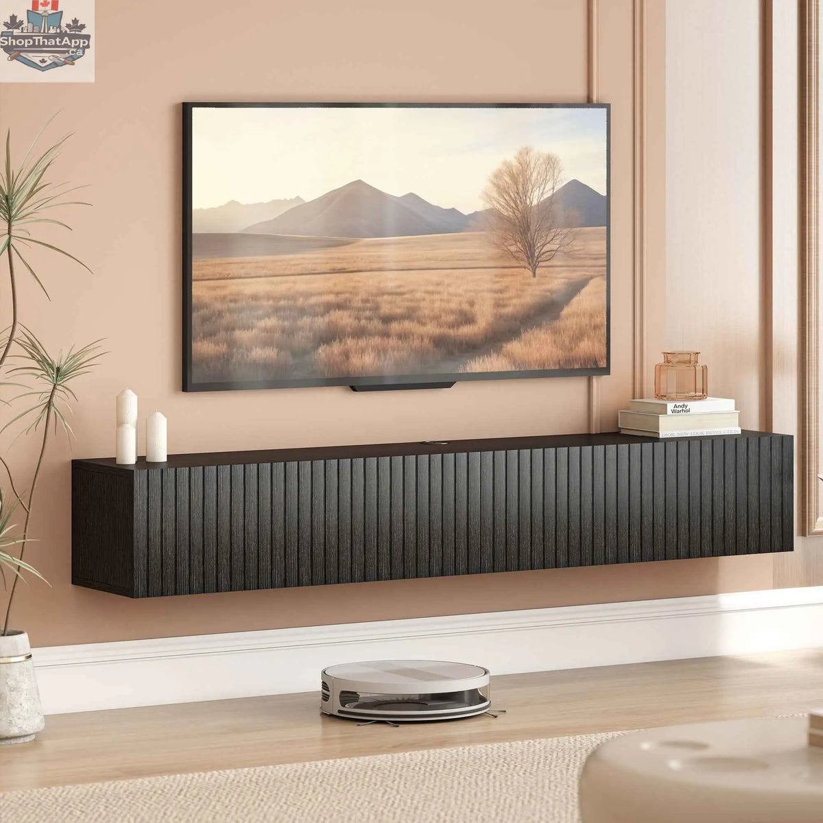 Black Jesse 55-inch floating TV stand with flip-down doors, designed for TVs up to 72 inches, by SLOTH Nation.