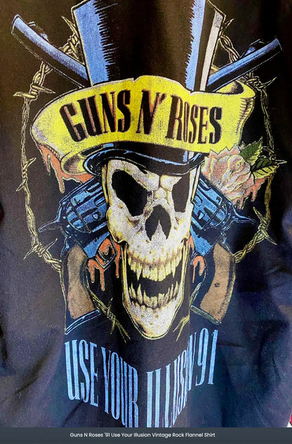 Vintage Guns N' Roses flannel shirt from 1991 with classic rock design, by Little Guitars. Blue and black plaid pattern.