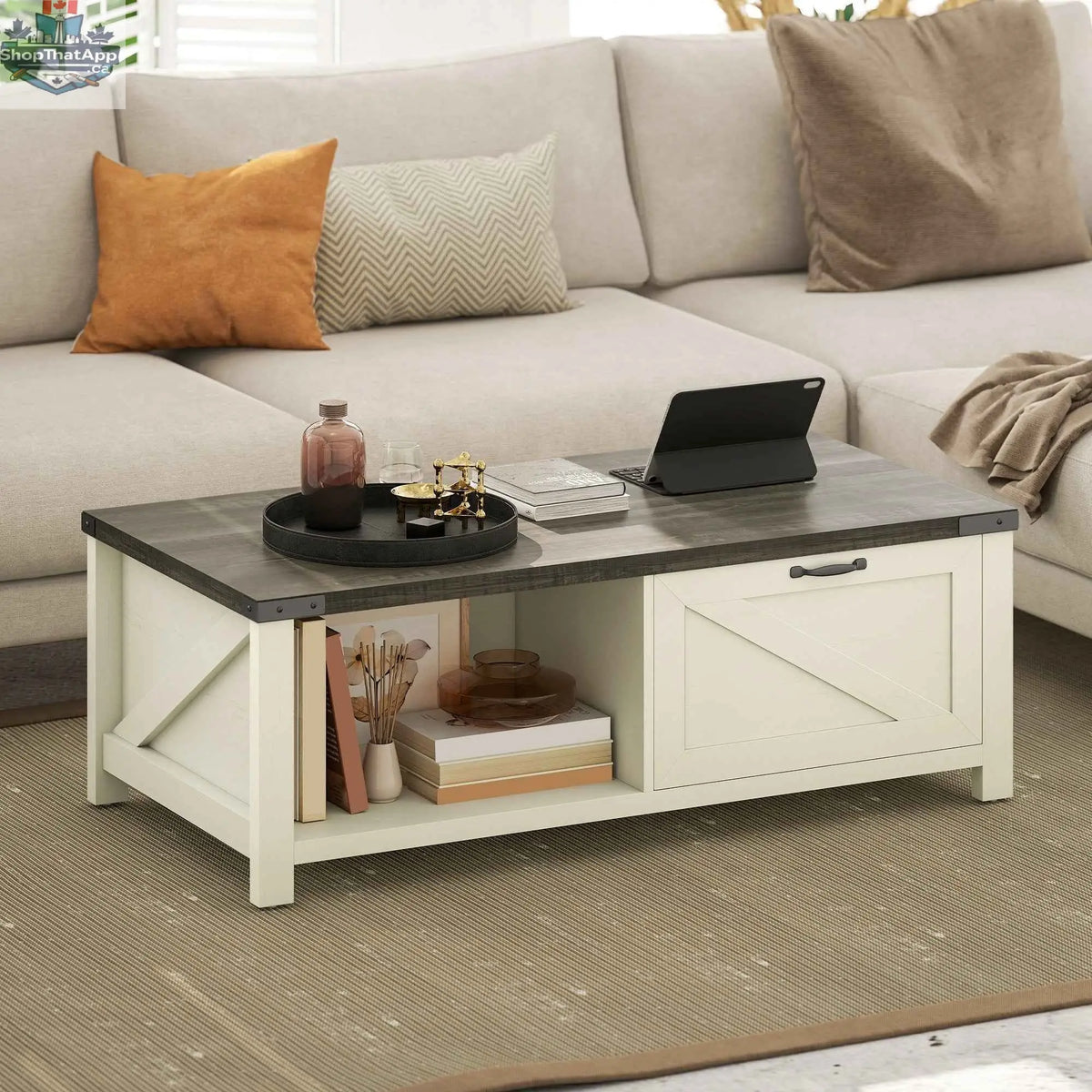 Lowen Farmhouse coffee table by SLOTH Nation with drawer and open storage shelf in distressed grey and white finish.