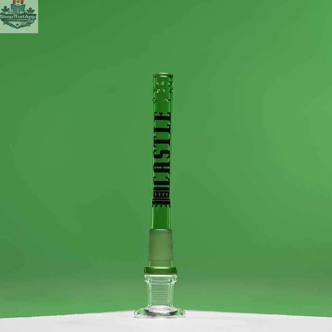 Green 5.75-inch Castle Glassworks 9-hole replacement downstem made of premium borosilicate glass, with a green background.