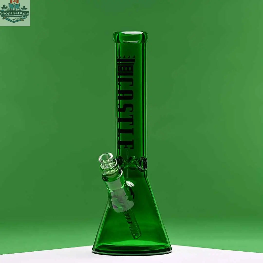 Green 14-inch beaker bong by Castle Glassworks with heavy-duty 7mm electroplated glass, shown against a green background.