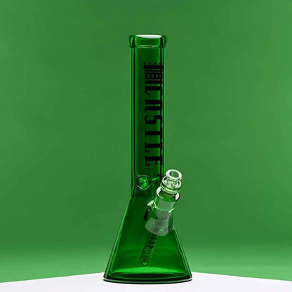 Green 14-inch Castle Glassworks beaker bong with heavy-duty 7mm electroplated glass, shown against a green background.