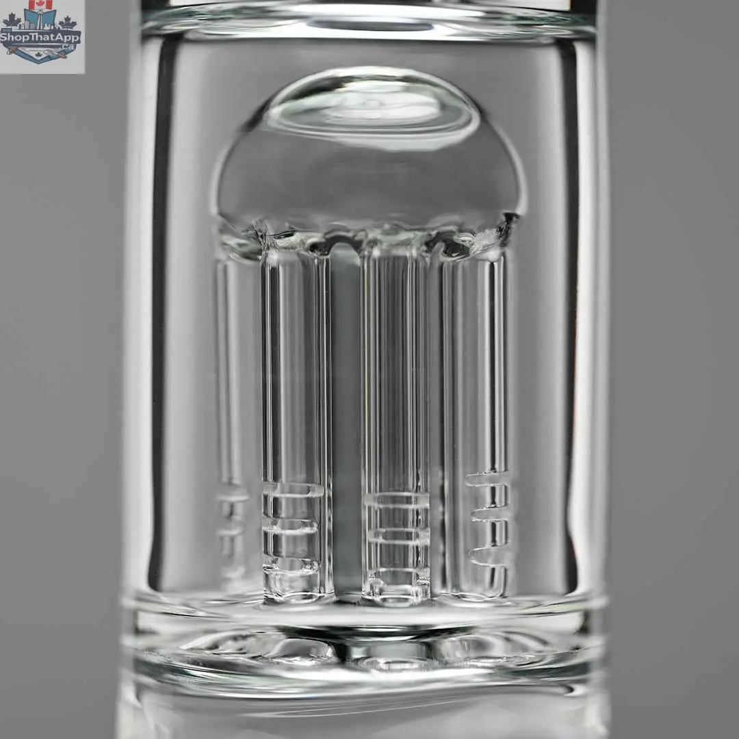 Close-up of Castle Glassworks 14-inch grey beaker bong with 8 arms and percolator, showcasing its detailed design against a grey background.