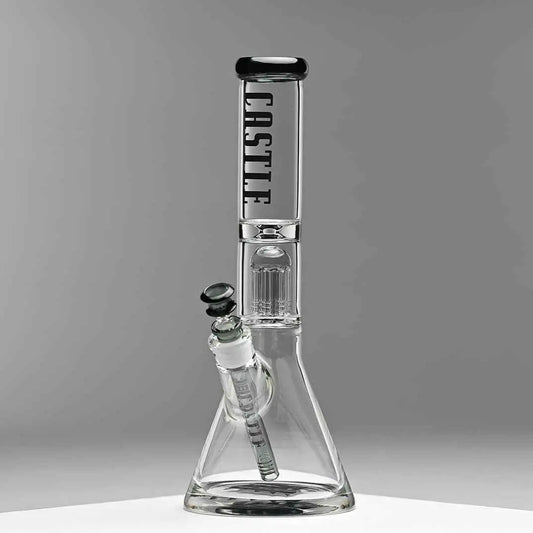 Castle Glassworks 14-inch 8-arm beaker bong with a grey water pipe and sturdy glass construction, shown against a grey background.