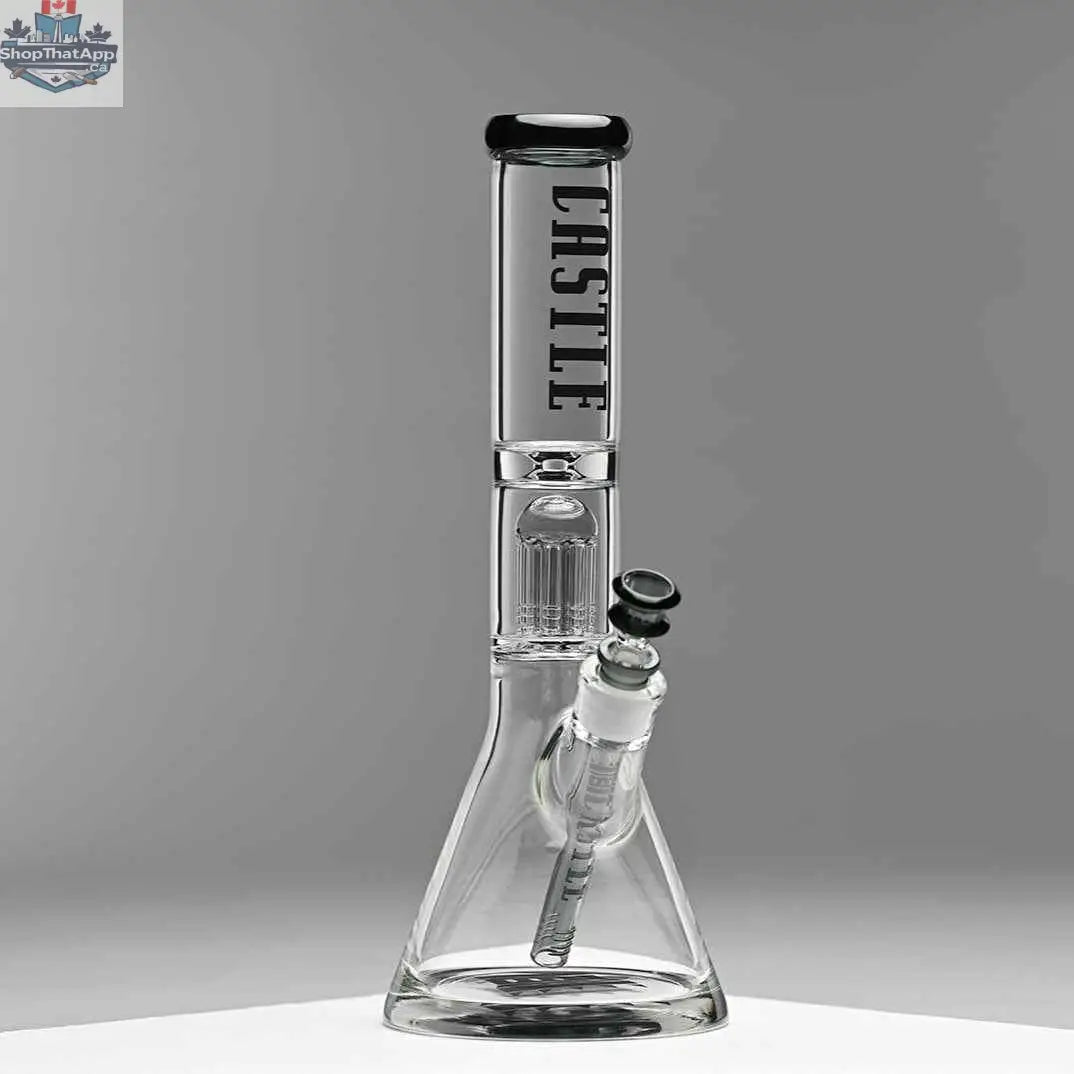 Castle Glassworks 14-inch grey beaker bong with 8 arms, precision-crafted water pipe on grey background.