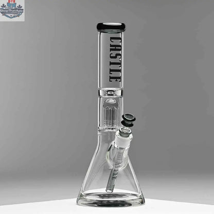 Castle Glassworks 14-inch grey beaker bong with 8 arms, precision-crafted water pipe on grey background.