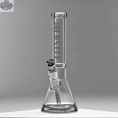 Castle Glassworks 14-inch beaker bong with colored logo, grey background, and 9-hole downstem replacement, showcasing its design.
