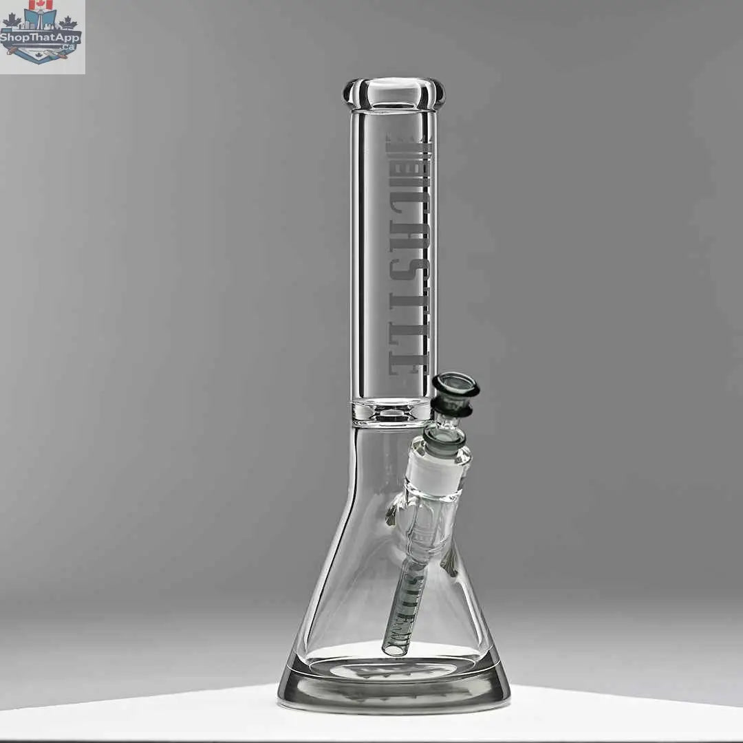 Castle Glassworks 14-inch beaker bong with a grey logo, clear glass, and a 9-hole downstem, shown on a grey background.