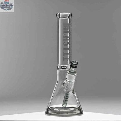 Castle Glassworks 14-inch beaker bong with a grey logo, clear glass, and a 9-hole downstem, shown on a grey background.