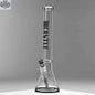Castle Glassworks 18-inch glass beaker bong with a grey background, 9mm thick glass and colored logo for durable use and stylish design.