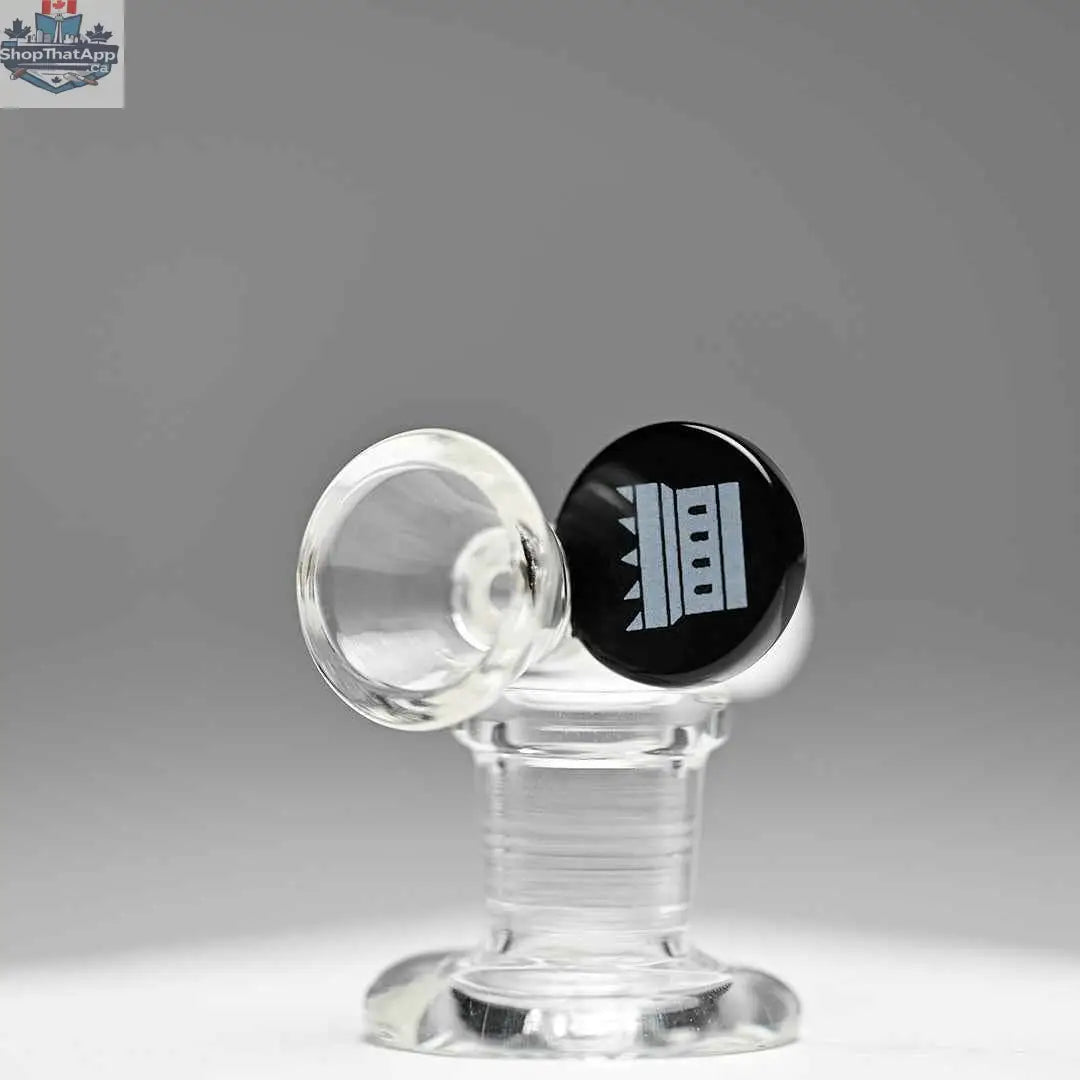 Castle Glassworks 14mm borosilicate glass round tab bowl with grey finish, shown on a grey background, left side view.