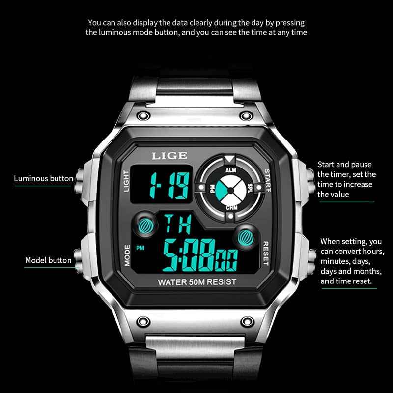 LIGE Brand Men Digital Watch Shock Military Sport Watches Fashion Waterproof Electronic Wristwatch Mens Reloj Inteligente Hombre