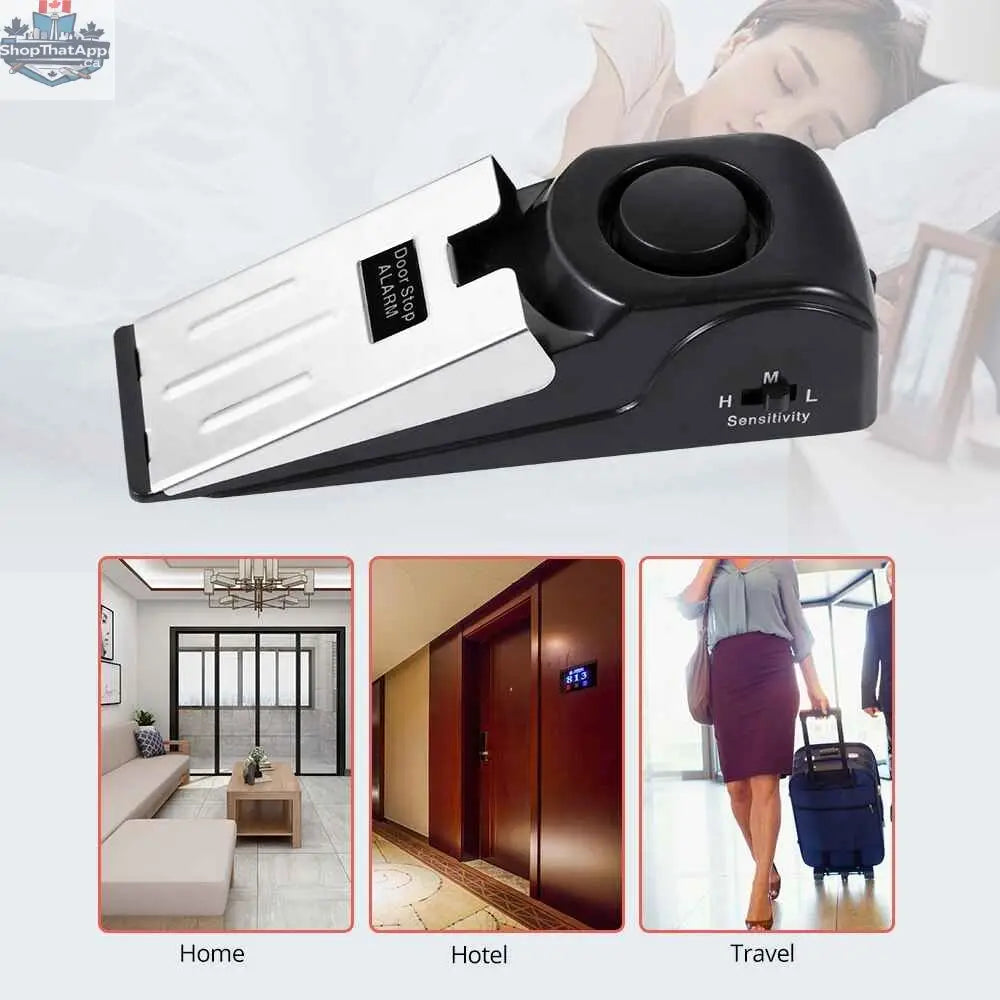 777tech home security door alarm with 125dB vibration sensor, portable door stop for enhanced travel security, shown in use.