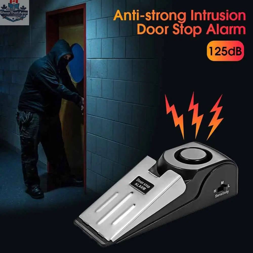 Portable 125dB home security door alarm by 777tech, featuring vibration sensor and door stop for travel safety and security.