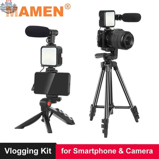 777tech MAMEN vlogging tripod kit with DSLR camera mount, remote, microphone, and LED light for smartphones and YouTube videos