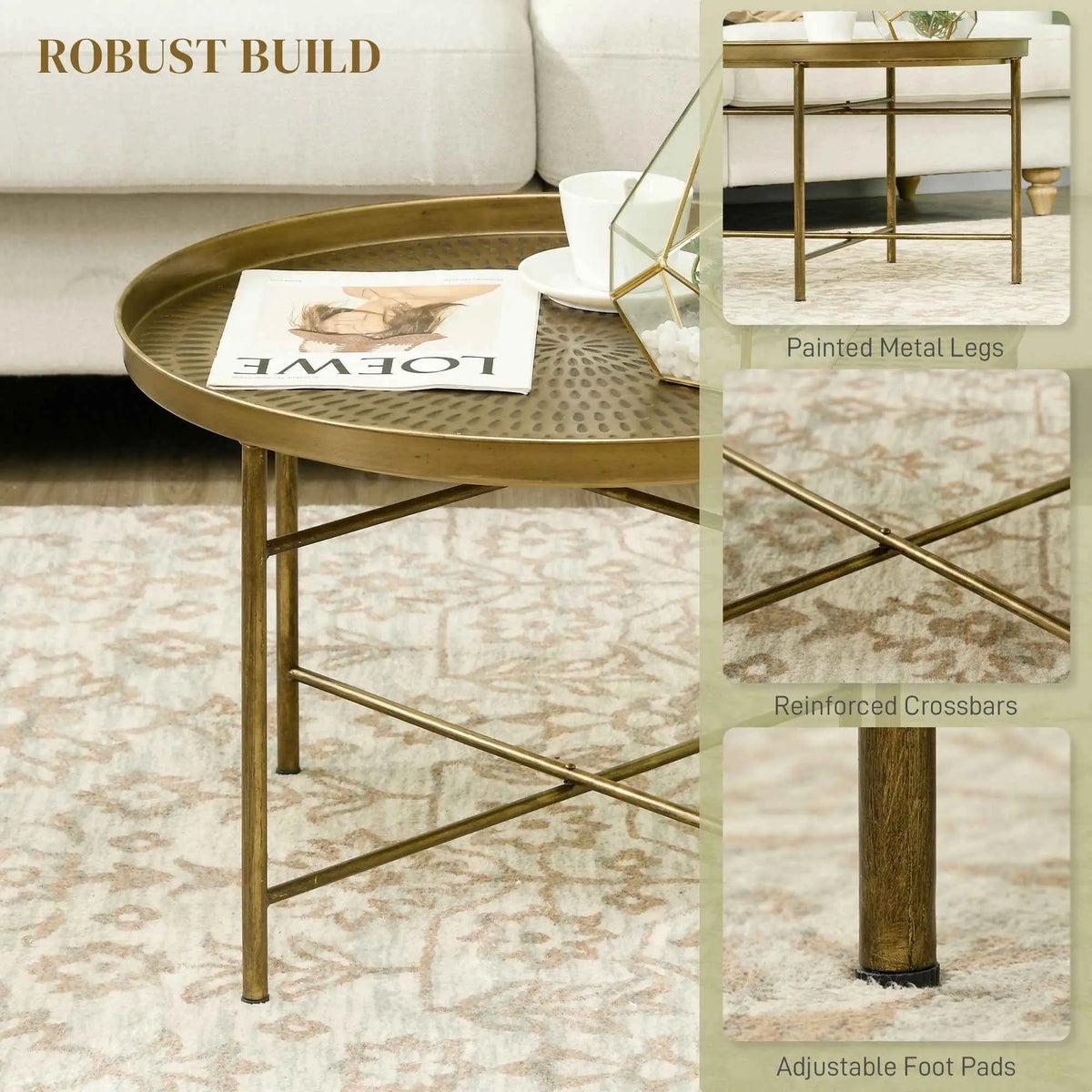 Dessie 24-inch vintage coffee table by SLOTH Nation with gold metal frame and hammered tray top, modern industrial furniture piece