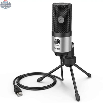 Fifine USB condenser microphone for laptops, cardioid studio recording vocals and voice overs, 777tech brand, on a desk.