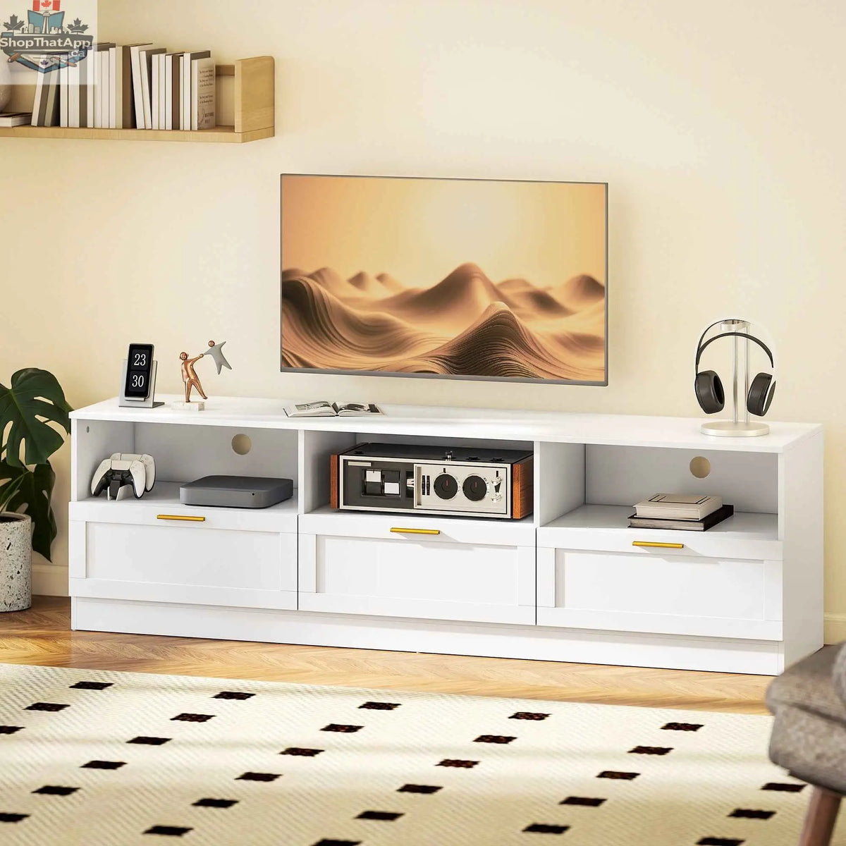 White Dallas Modern TV stand by SLOTH Nation with storage drawers for TVs up to 85 inches, sleek home living room furniture.