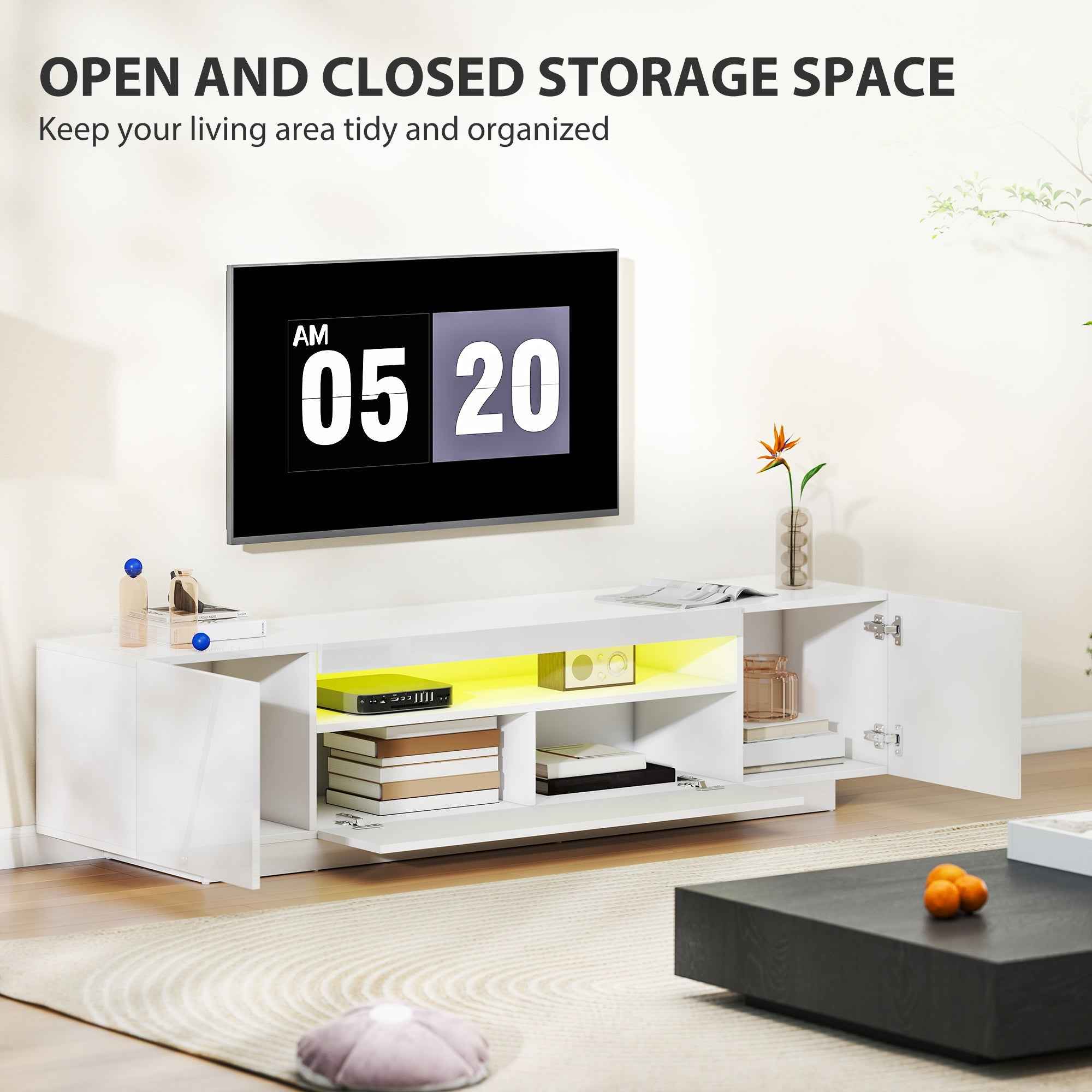 Greer Modern TV Stand with RGB LED Lights-for 65-85" TVs-High Gloss White