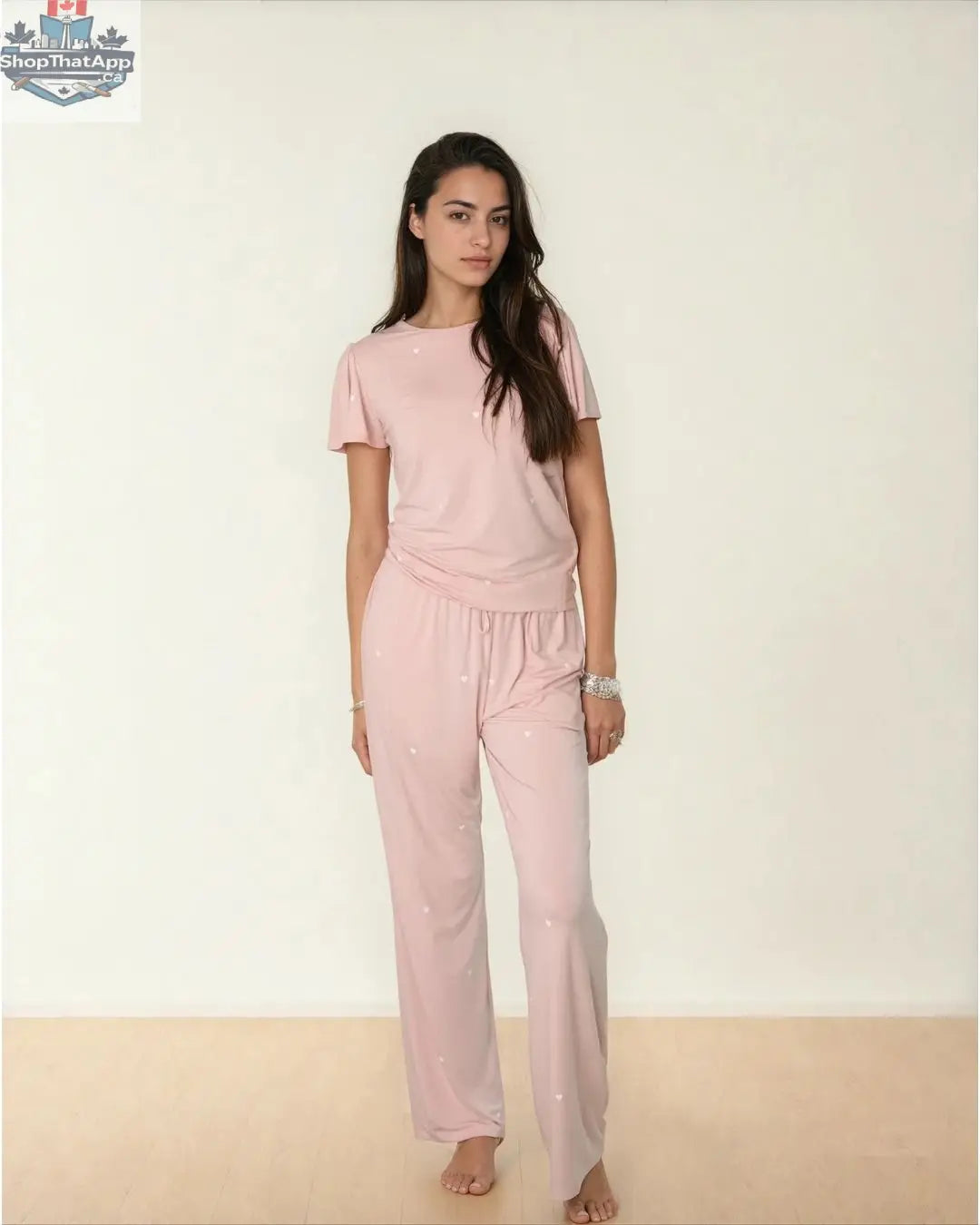 Heartfull PJ Blush Heart Pajamas - Silky Printed 2PC Pajama Set in Blush Hearts - Shopthatapp.ca