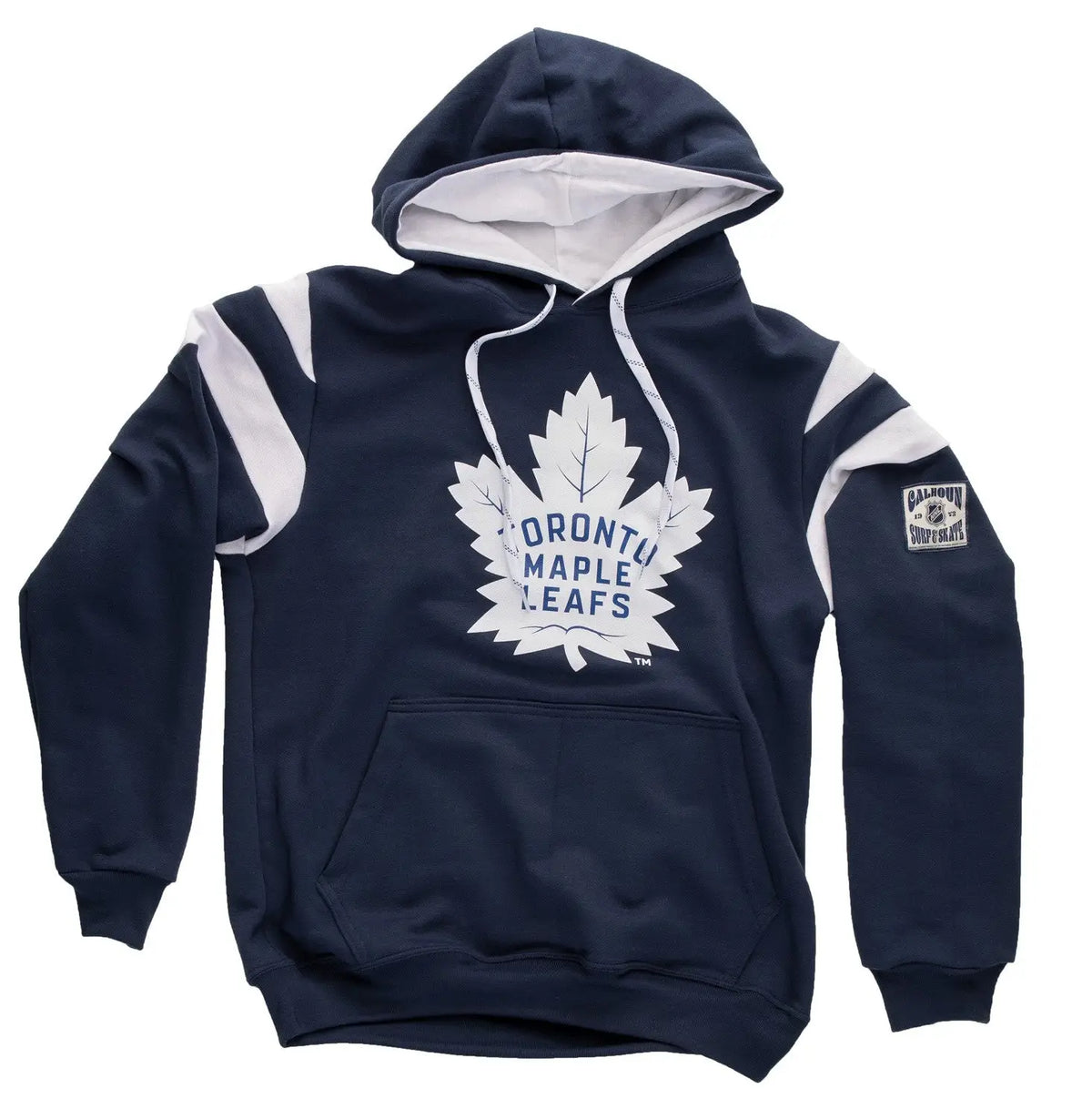 Toronto Maple Leafs varsity retro hoodie by Calhoun Surf N' Skate, featuring team logo and classic varsity style in fabric detail.