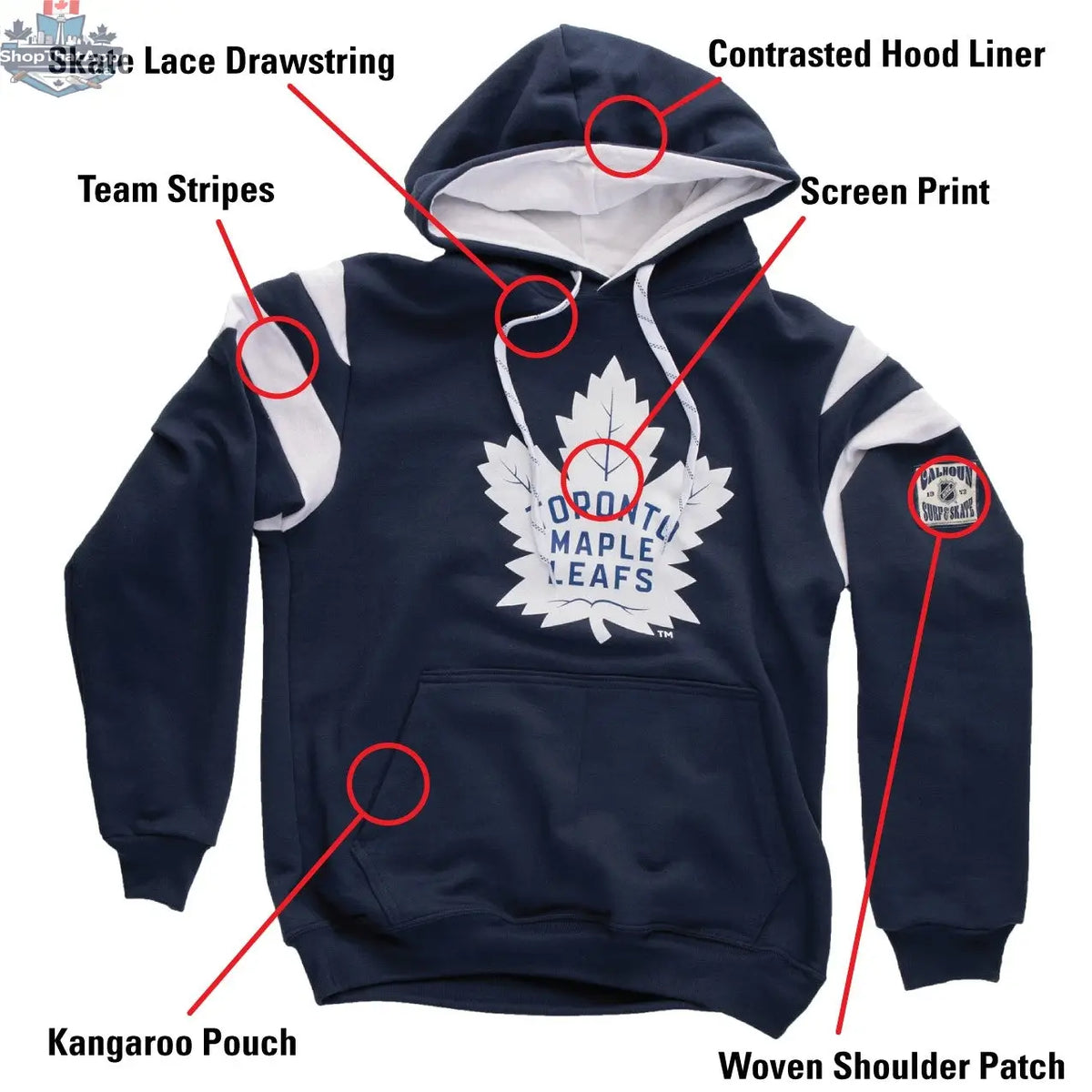 Toronto Maple Leafs varsity retro style hoodie by Calhoun Surf N' Skate, featuring team logo and classic design for fans.