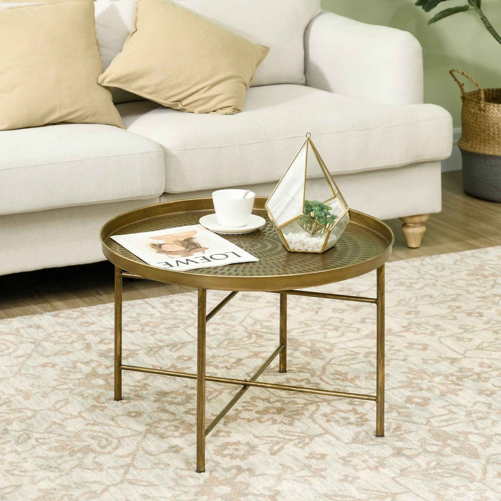 Dessie 24" Vintage Coffee Table with Hammered Tray Top and Metal Frame-Gold