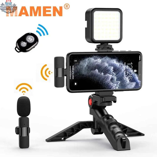 777tech MAMEN vlogging kit tripod with wireless lavalier microphone, suitable for iPhone, Android, tablets, and SLR cameras.