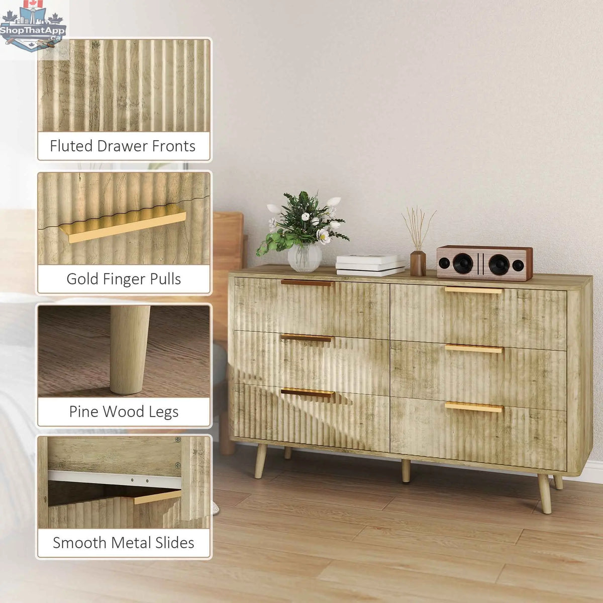 Oak Dakota Dresser with six fluted drawers, modern bedroom furniture by SLOTH Nation, featuring sleek handles and sturdy construction.