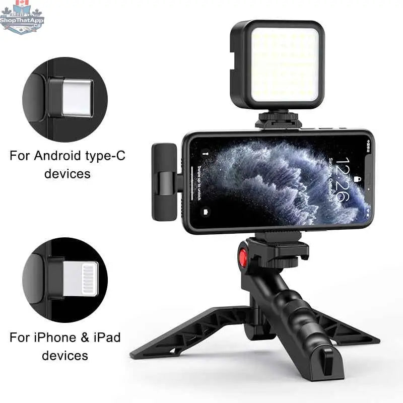 777tech MAMEN Vlogging Kit tripod with wireless lavalier microphone for iPhone, Android, tablet, and SLR camera.