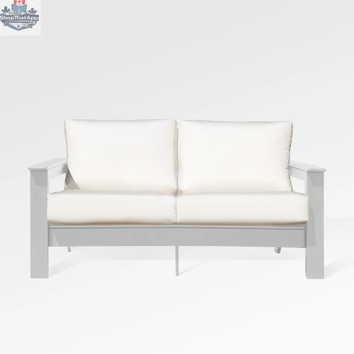 Enclover Hickory loveseat with white Sunbrella® cushions, outdoor sofa featuring a sturdy frame and comfortable seating.
