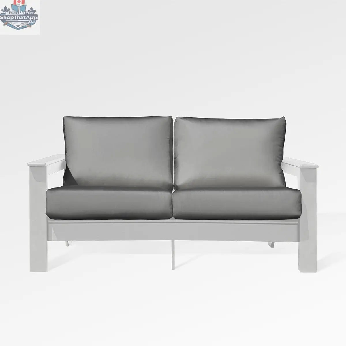 Enclover Hickory loveseat with white Sunbrella cushions, outdoor jasmine sofa featuring a sturdy hickory frame and comfortable seating.