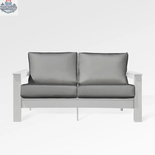 Enclover Hickory loveseat with white Sunbrella cushions, outdoor jasmine sofa featuring a sturdy hickory frame and comfortable seating.