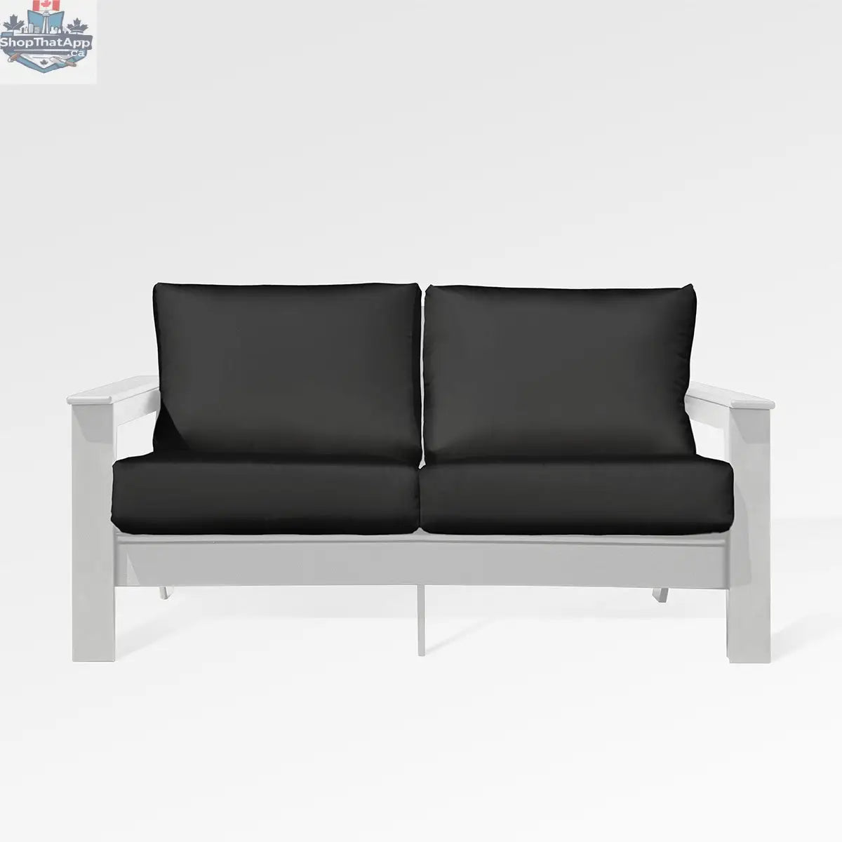 Enclover Hickory loveseat with white Sunbrella cushions, featuring a sturdy frame and comfortable seating for outdoor spaces.