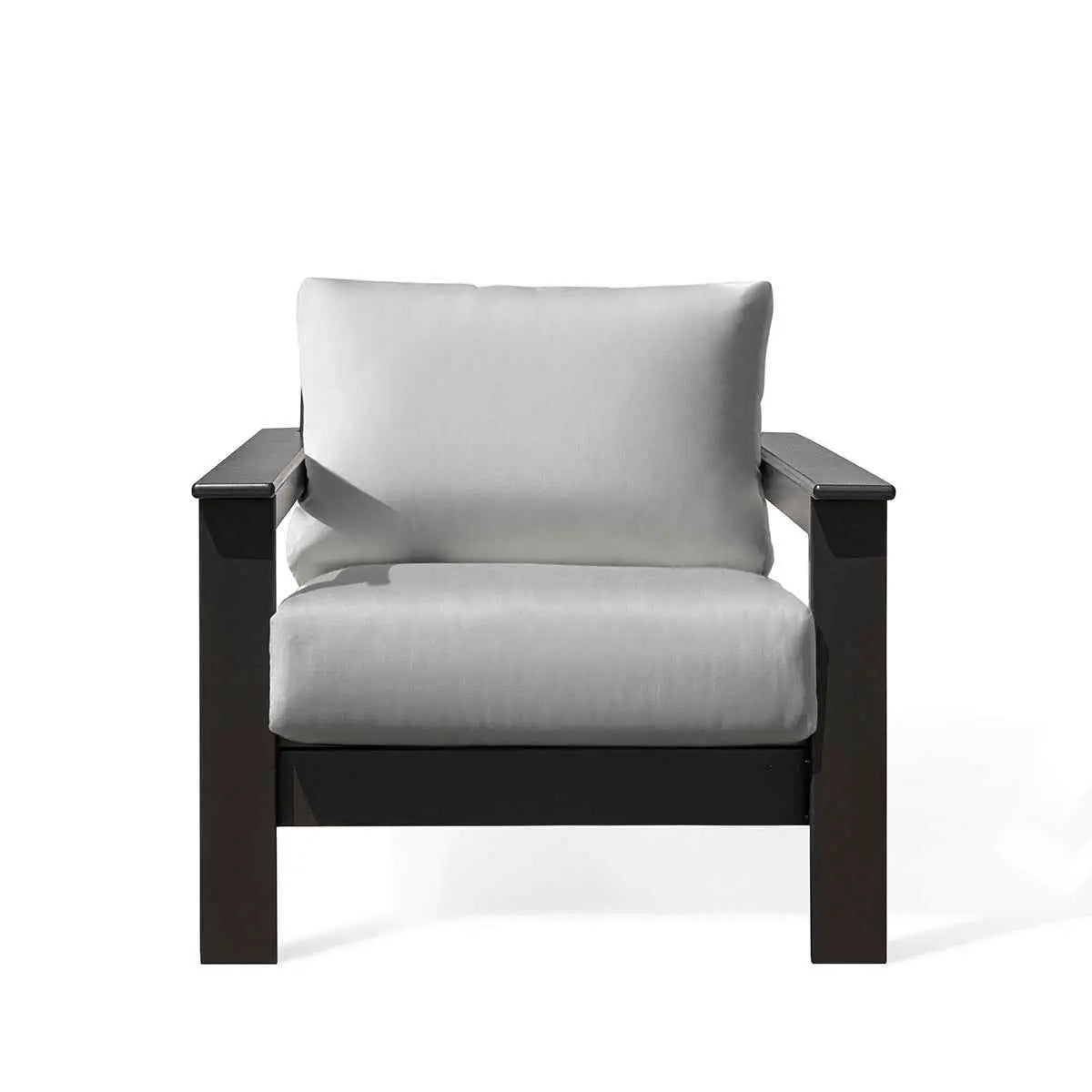 Krikacy Hickory outdoor club chair with black marine-grade polymer frame and Sunbrella® granite cushions for comfortable outdoor seating.