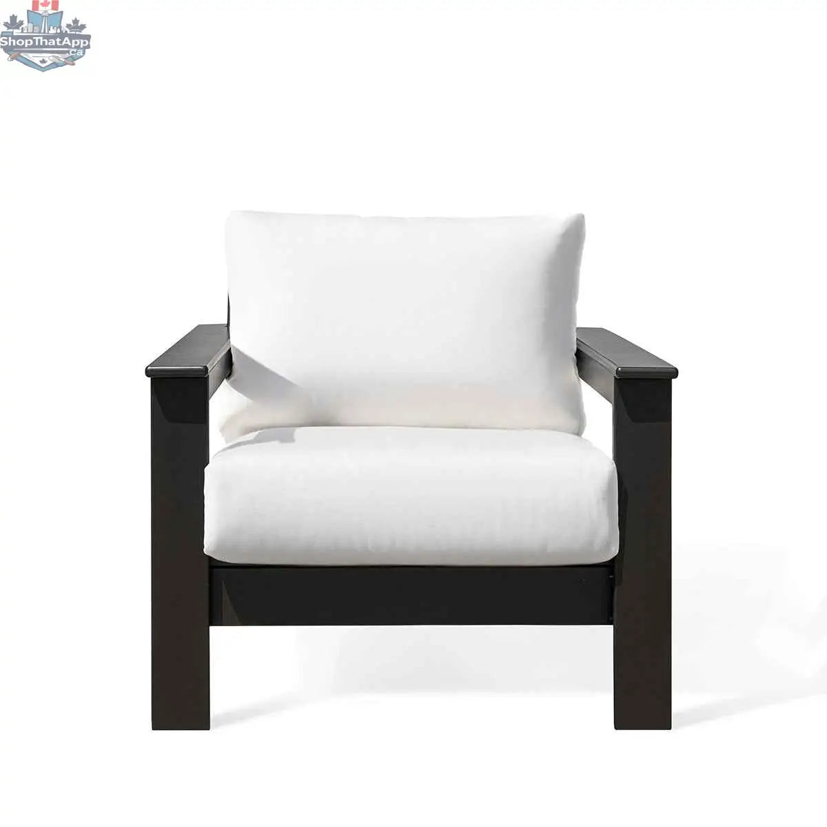 Krikacy Hickory outdoor club chair with black marine-grade polymer frame and white Sunbrella® cushions, front view.