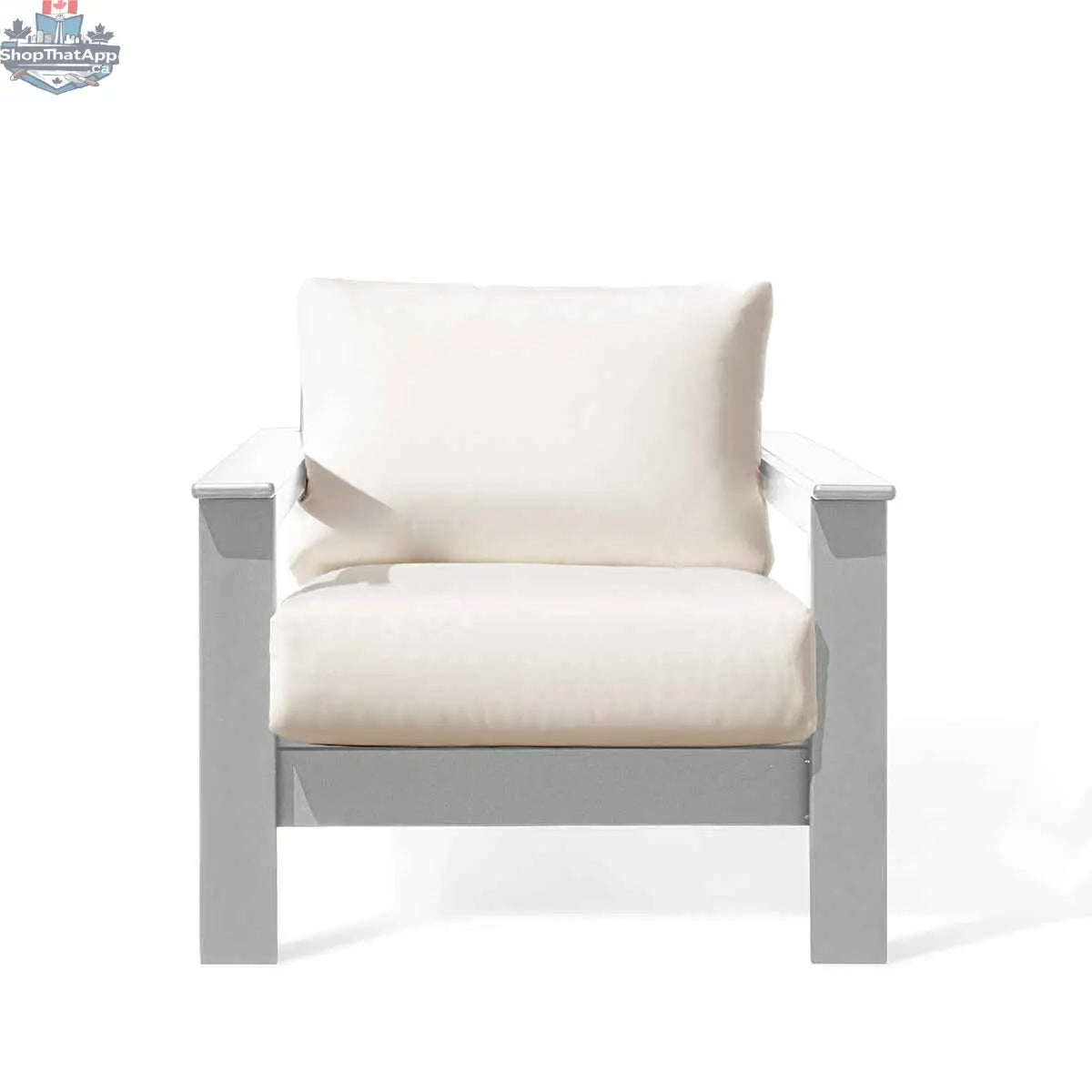Krikacy Hickory outdoor club chair with white marine-grade polymer frame and Sunbrella® canvas cushions featuring bird's eye pattern.