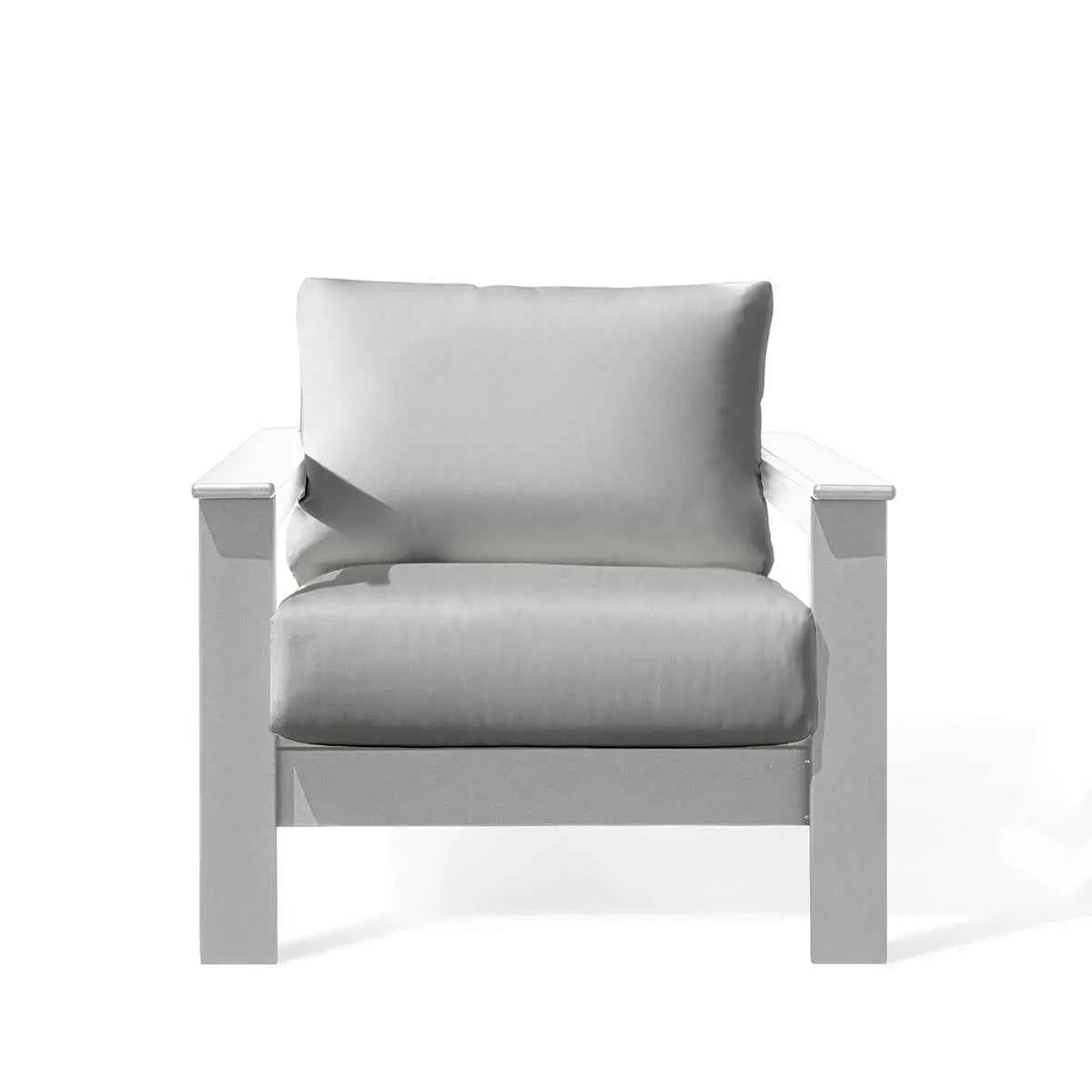 Krikacy Hickory outdoor club chair with white marine-grade polymer frame and Sunbrella® granite canvas cushions, front view