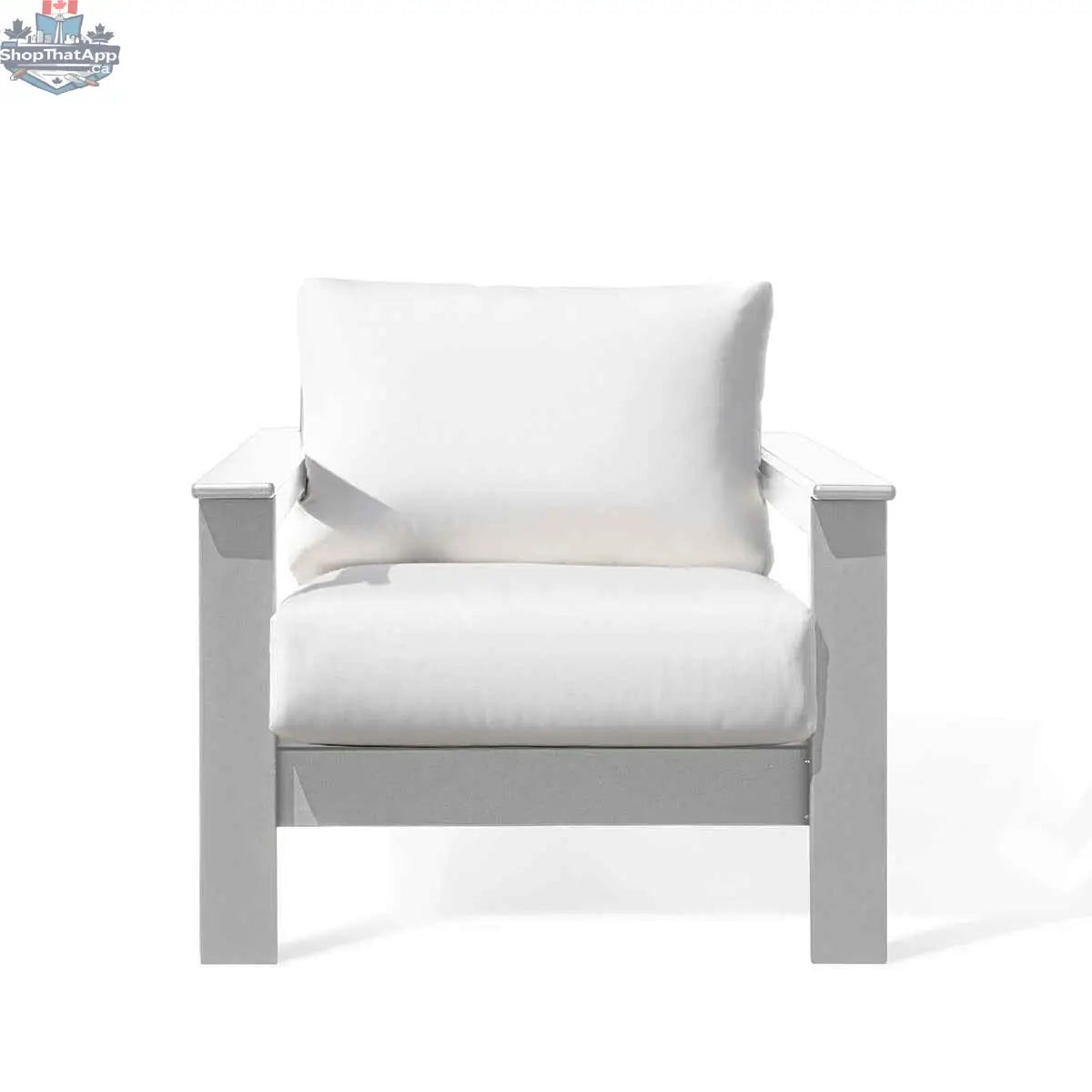 Krikacy Hickory outdoor club chair with white marine-grade polymer frame and Sunbrella® canvas white cushions, front view