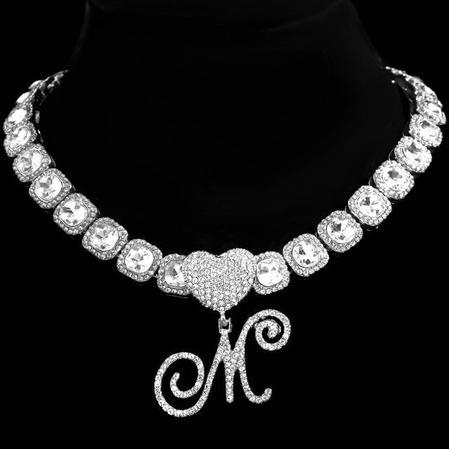 Cursive Letter Pendant Necklace - Elegant Micro Tennis Cluster Chain in Silver