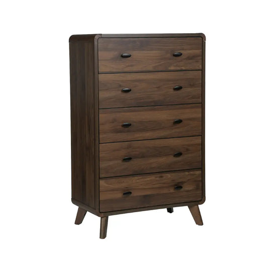Wooden bedroom dresser with five drawers in walnut finish by Monarch, featuring sleek modern design and sturdy construction.